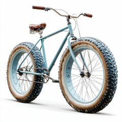 Fototapeta premium Blue bicycle with large tires and brown seat.