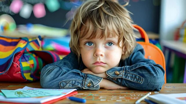 A young child sits at a classroom desk, resting their head on crossed arms with a bored expression. Bright school supplies and colorful backgrounds create a lively atmosphere.