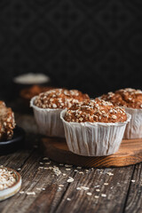 Home Baked Superfood Muffins With Oats, Seeds, Banana, Honey and nut milk. Healthy food and health life