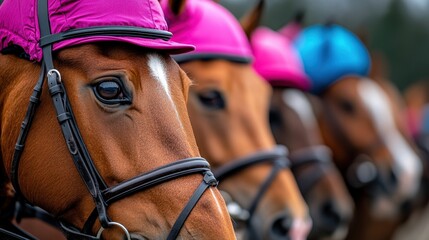 A vivid lineup of horses wearing bright pink and blue jockey outfits, poised for action, conveying energy, strength, and the thrill of horse racing.