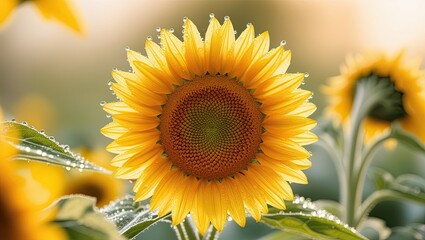 Fototapeta premium A close up of a yellow sunflower with dew drops on its petals
