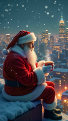 Obraz premium Santa Claus sits on a snowy rooftop, holding a steaming cup, with a city skyline glowing in the background. Ideal for holiday promotions, greeting cards, or seasonal advertising, copy space
