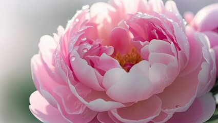 A close up of a pink flower with dew drops on it