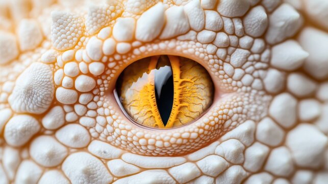 Close-up of a reptile eye with textured scales and a vibrant yellow, slit-shaped pupil