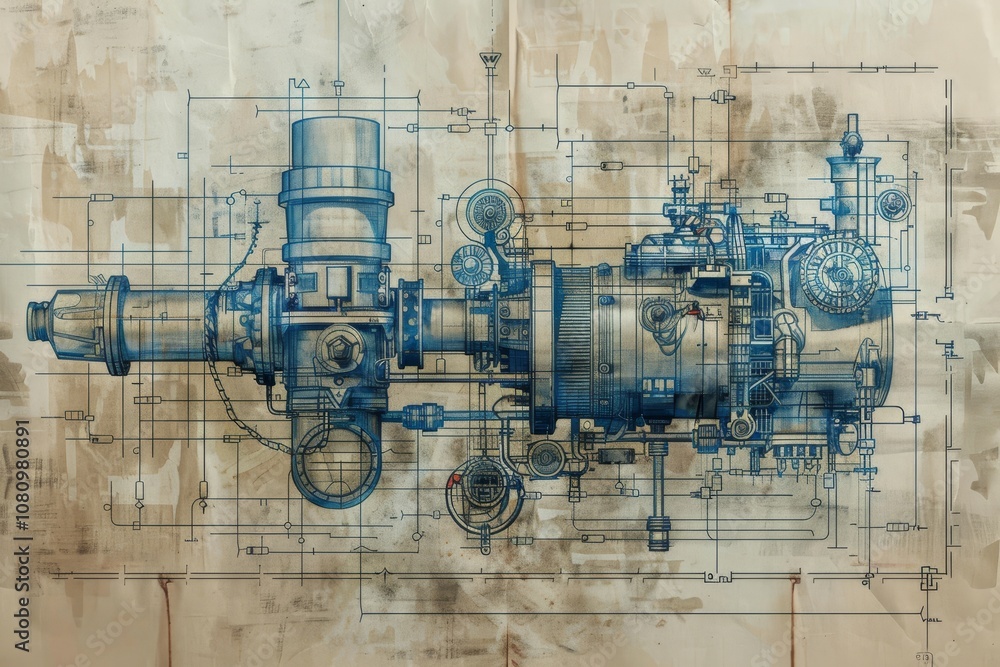 Poster a blueprint sketch of a complex machinery system, showing intricate details of its components and co