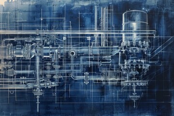 A blueprint sketch of a complex machinery system, featuring intricate piping, valves, and components A blueprint sketch of a complex machinery system
