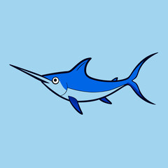 Oceanic Elegance: A vibrant blue marlin, depicted in a stylized cartoon illustration, glides effortlessly through a tranquil light-blue sea.