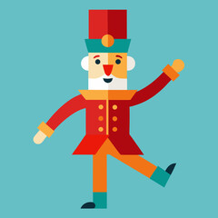 Nutcracker Dance: A cheerful Nutcracker soldier in a vibrant, geometric style, joyfully dancing against a teal background. Perfect for festive designs. 