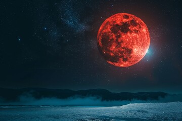 A large, glowing red moon dominates a dark, starry night sky above a frozen, misty landscape A bold...