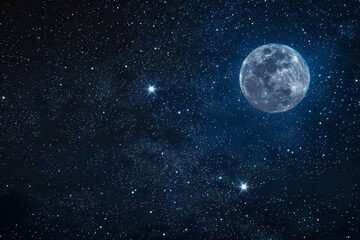 Fototapeta premium A breathtaking view of a starry night sky with a full moon shining brightly A breathtaking starry night sky, with shimmering constellations and a full moon