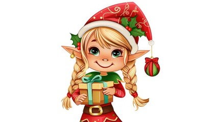 Fototapeta premium A Christmas elf girl holding a present
