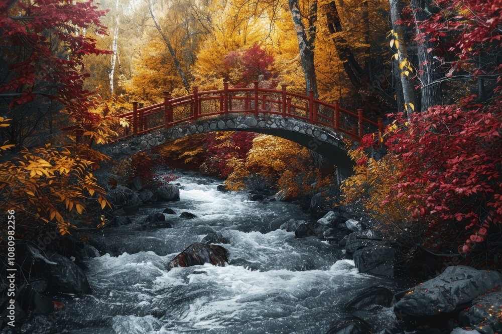 Poster a stone bridge with red railings spans a swiftly flowing stream in a forest with autumn leaves in vi