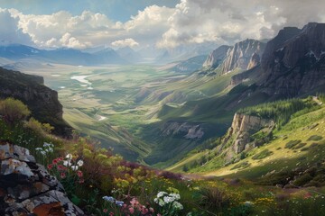 Naklejka premium A stunning view of a lush valley below, captured from a mountaintop A breathtaking vista of a valley below from a high ridge