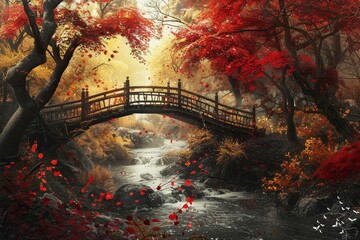 A wooden bridge arches over a rushing stream in a vibrant forest, with red leaves falling around it A bridge over a bubbling stream surrounded by crimson and gold trees
