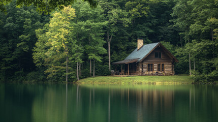 Fototapeta premium Log cabin by secluded lake 
