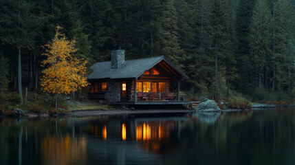 Fototapeta premium Log cabin by secluded lake 