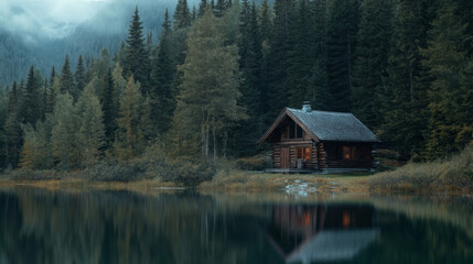 Obraz premium Log cabin by secluded lake 