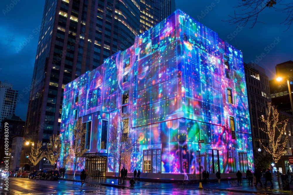 Poster a city building is illuminated with colorful, dynamic holographic projections, creating a vibrant ni