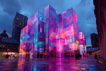 A modern building covered in holographic projections stands out against the night sky in a city center A building covered in holographic projections that shift and change