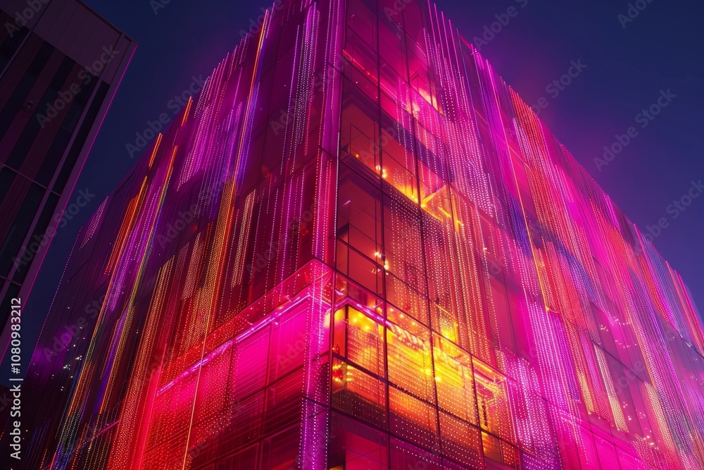 Poster a modern building illuminated with vibrant led lights, creating a dazzling display at night a buildi