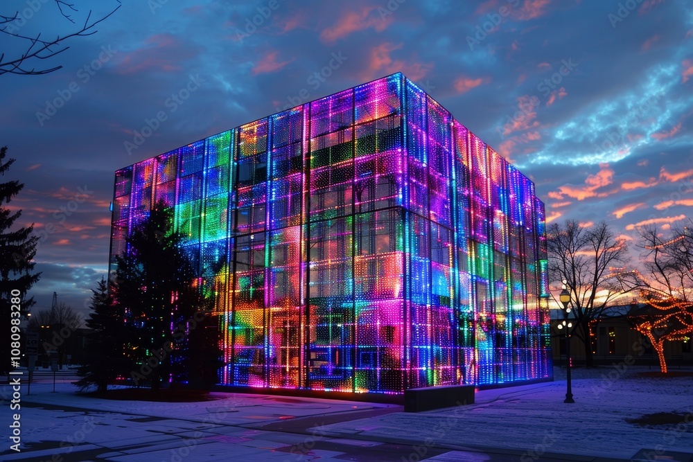Poster a modern building covered in pulsating led lights glows brightly against a winter evening sky a buil