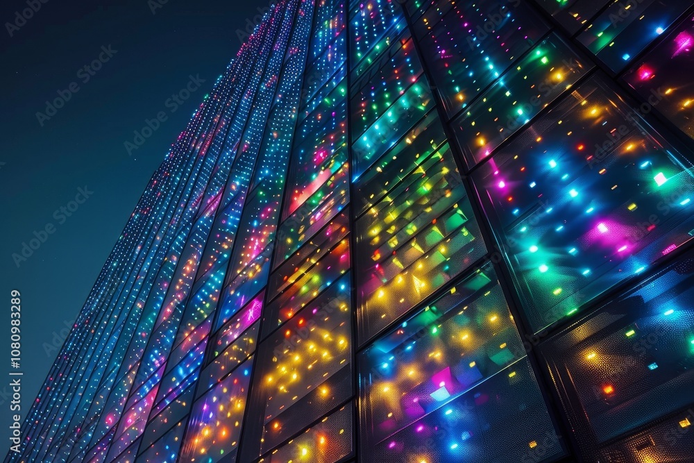Poster a modern building lit up with colorful led lights at night a building made entirely of pulsating led
