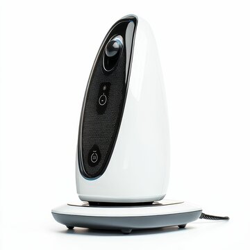 White futuristic speaker with a cord.