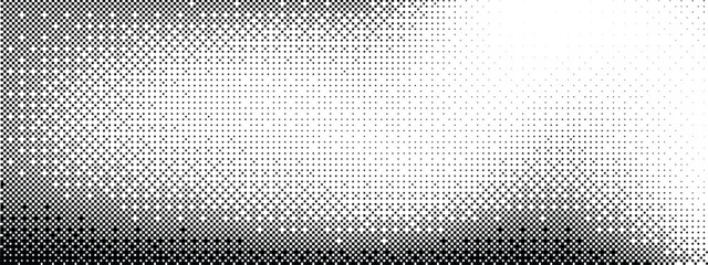 Pixel dithering gradient. Bitmap texture background. Black and white random pixels pattern. Retro glitchy vector art illustration. Monochromatic dissolve effect. 8 bit video game screen wallpaper.