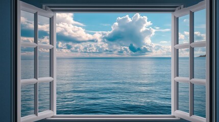 View of the beautiful ocean and sky from the white window. Ocean view through the open window.