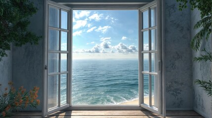 Ocean view from the open window of the room. Ocean view from the open glass doors of the room. © Olha Koval