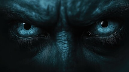 Blue eyes of a man monster in the darkness. Close-up. Terrible eyes.