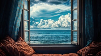 View of the ocean and sky from the open window of the cozy room.