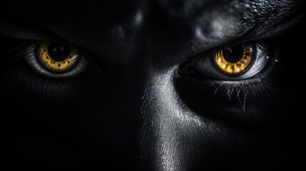 Close-up of a man eyes with yellow pupil. A man possessed. Terrible eyes.