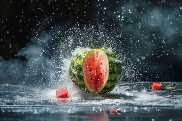 A watermelon explodes with a burst of red and green as a bullet passes through it, sending water droplets flying through the air A bullet passing through a watermelon, causing it to explode