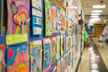 Fototapeta premium A bulletin board in a school hallway is covered in colorful student artwork A bulletin board filled with student artwork and achievements