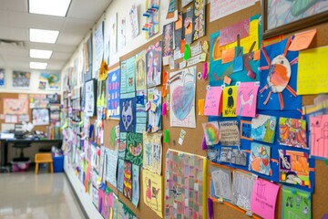 Obraz premium A hallway bulletin board displays vibrant artwork created by students, showcasing their creativity and talent A bulletin board filled with student artwork and achievements