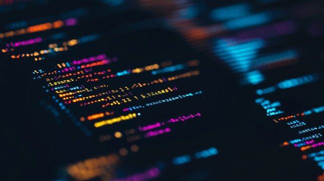 Colorful code displayed on a computer screen in a dark environment at night
