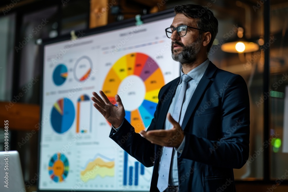 Poster a businessman gives a presentation using charts and graphs a businessman giving a presentation with 
