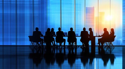 Young Business Professionals Collaborating in a Modern Office Setting with a Sunset View Over City Buildings Through Floor-to-Ceiling Windows