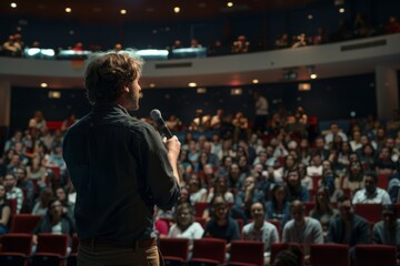 A businessman speaks to a crowded theater audience, holding a microphone and facing the crowd A businessman giving a presentation in front of a large audience