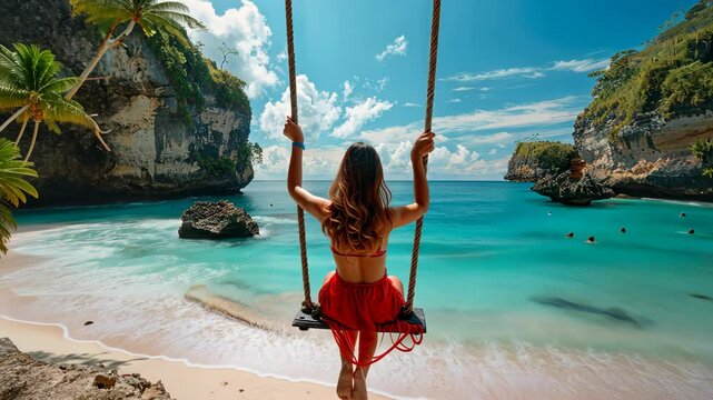Relaxing on a tropical swing above crystal-clear water at a stunning beach cove in Bali during a sunny afternoon