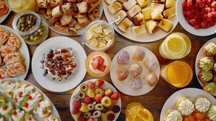 A table full of delectable snacks and desserts perfectly paired with nonalcoholic drink options.