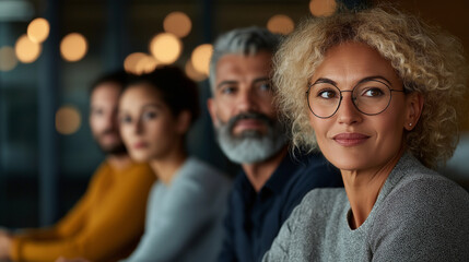Obraz premium An editorial image of four people, all around 30, seated closely and engaged in an intense conversation. Their body language suggests deep focus, with one person leaning in to list