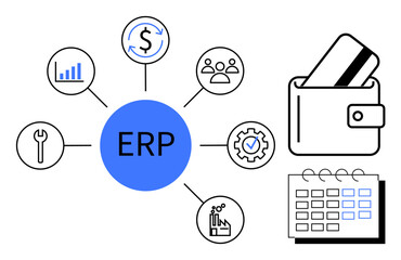 ERP central hub connected to icons for financial management, workforce, tools, manufacturing, and scheduling. Ideal for business management, integration, project planning, financial systems HR