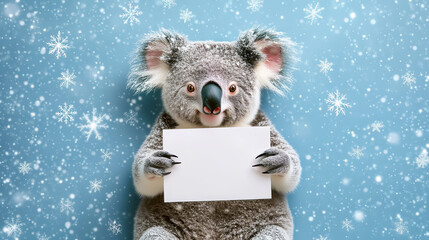 Cute friendly koala bear holding a rectangular mockup piece of paper in its paws on a pastel blue Christmas background with snowflakes.