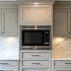 Fototapeta premium Stainless steel microwave in white kitchen cabinets.