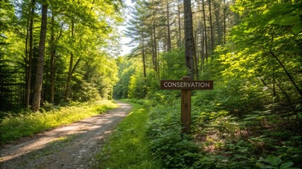 Peaceful forest with a conservation sign marking a protected trail, surrounded by dense, lush greenery