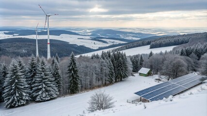 Renewable energy sources in a peaceful winter landscape with white snow
