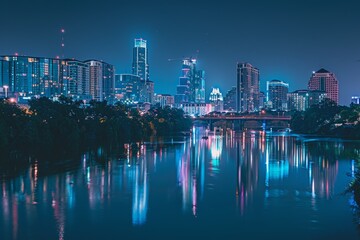 Fototapeta premium Austin City Skyline at Night With River Reflections, A bustling city skyline with twinkling lights and reflections in a tranquil river below