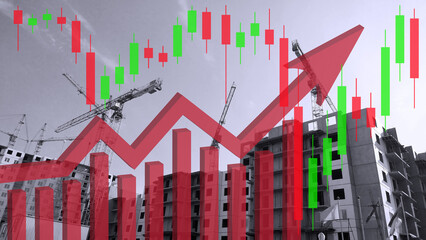 Red growing up arrow on construction site background. Bar chart and graph. Interest Rate Increases....